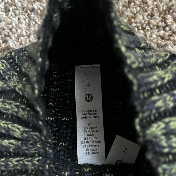 Lululemon Cotton Cashmere Mock Neck Sweater Size 2 Green Black Cozy Ribbed - Picture 4 of 6
